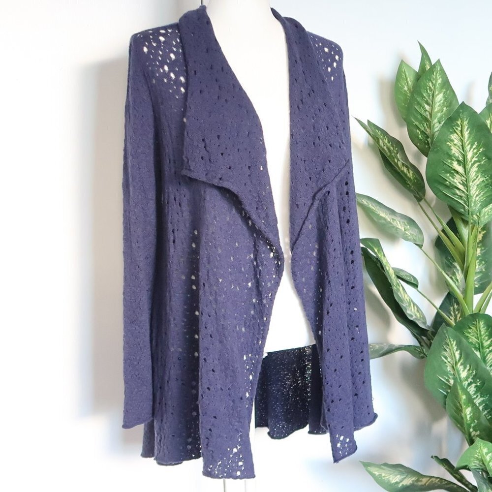 Eileen Fisher Blue Merino Wool Knit Open Front Drapey Long Sleeve Cardigan M